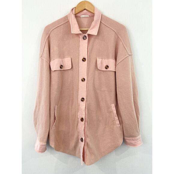 Boutique Boho Women's Pink Waffle Knit Shacket size Small Oversized Raw Hem - Picture 1 of 7